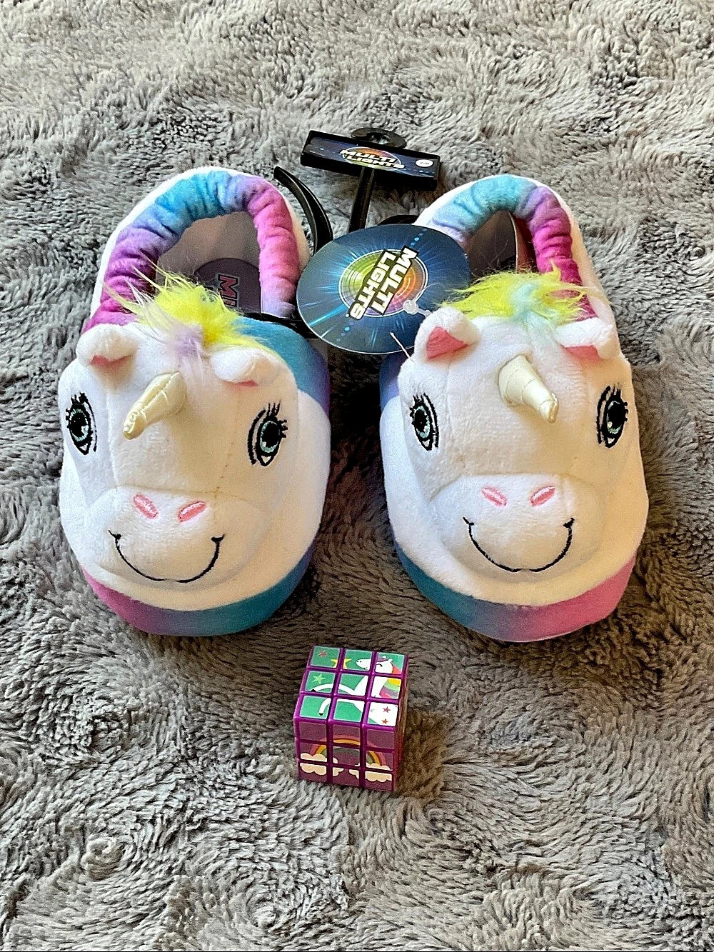 Multi Lights Unicorn Slippers Kids with a Unicorn and rainbow Mini Rubex Cube